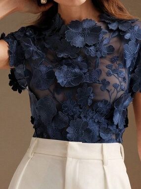 Women’s Navy Floral Appliqué Sheer Blouse